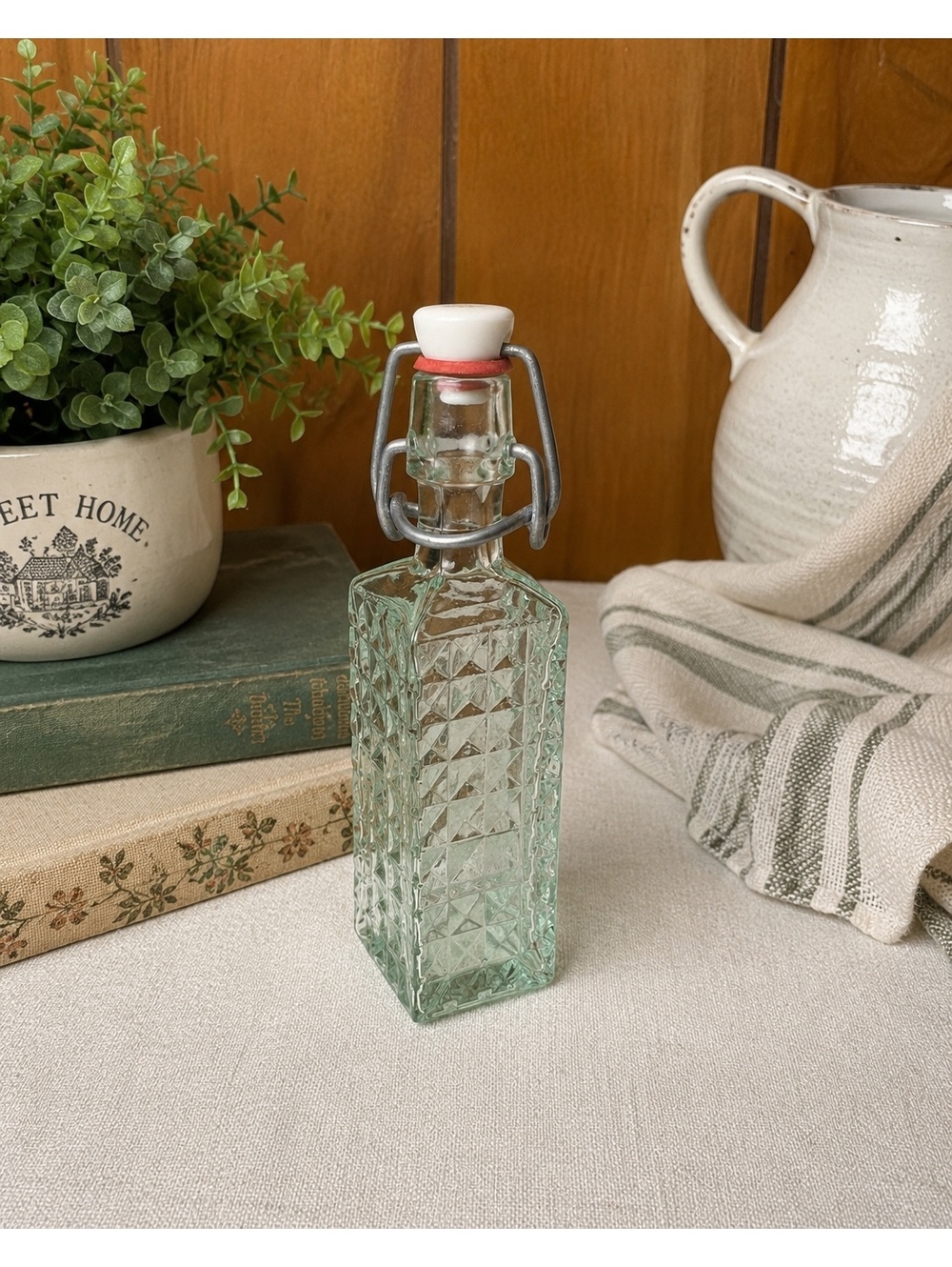 Vintage Glass Swing Top Bottle Diamond Pattern Wire Bail Stopper